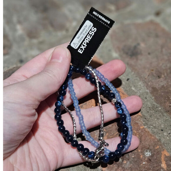 Express Navy Stone, Blue Beads & Silver-Tone Mixed Metal Trio Bracelet Set - Picture 4 of 5